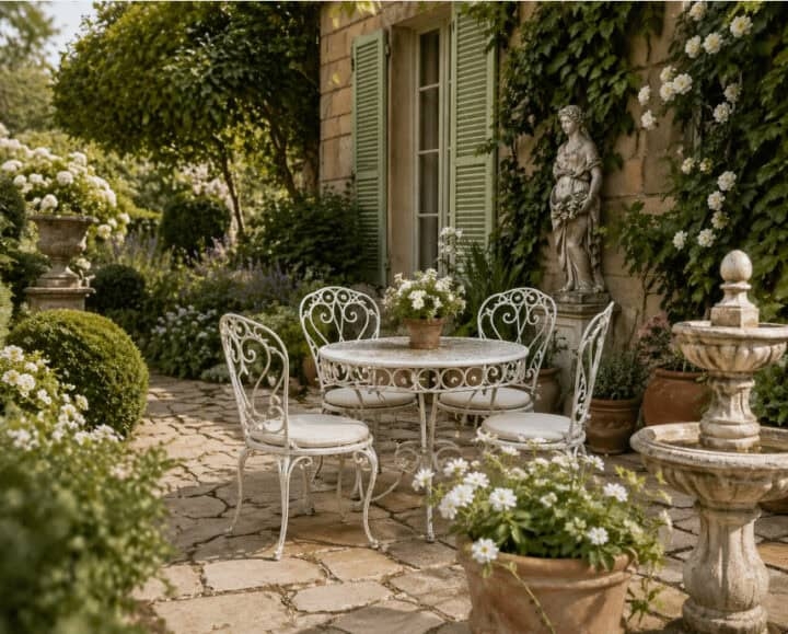 White Scrollwork Metal Patio Dining Set in Romantic European Garden