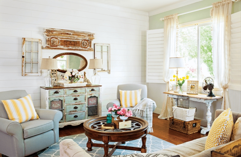 White Shiplap Cottage Living Room & Distressed Blue Cabinet Decor