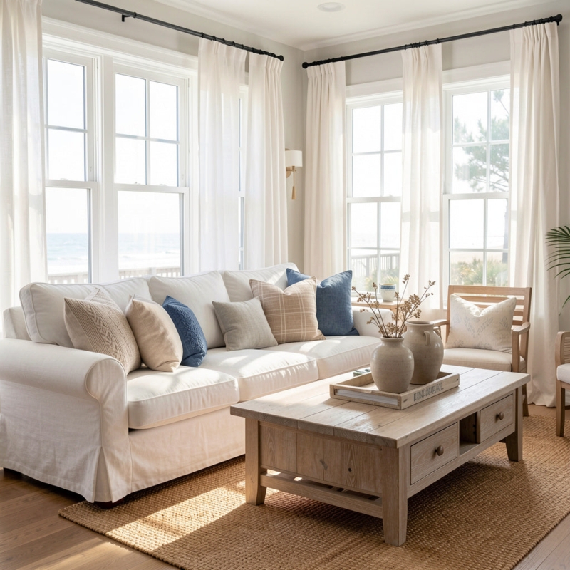 White Slipcovered Sofa and Natural Jute Rug in Coastal Living Room