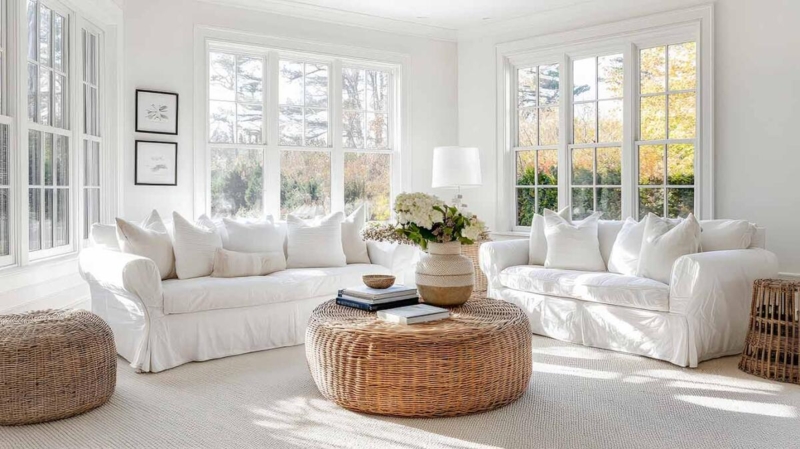White Slipcovered Sofas with Oversized Rattan Coffee Table
