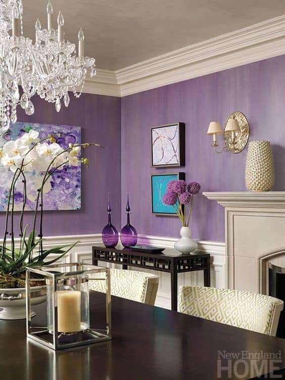 White Wainscoting and Aubergine Paint with Crystal Chandelier