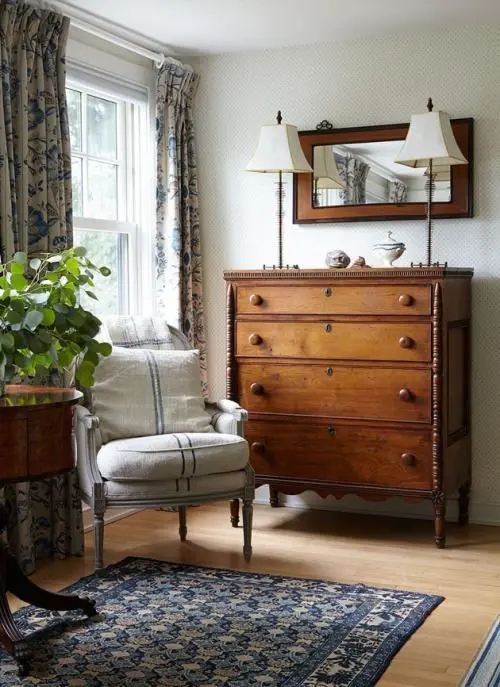 Whitewashed Antique Armchair with Striped Ticking Pillows