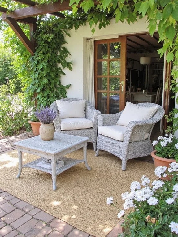Whitewashed Wicker Outdoor Armchairs set on Brick Patio with Jute Rug