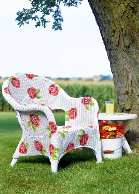 Wicker Armchair with Painted Rose Motif for Cottage Style Patio