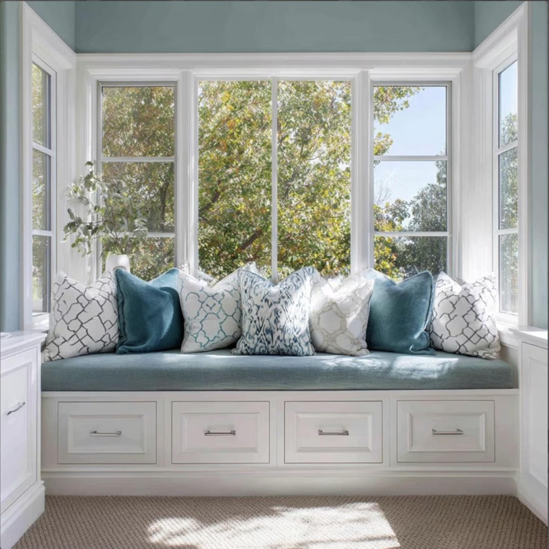 Window Bench Custom Bay Cushion, Trapezoid Shape, Base Drawers.