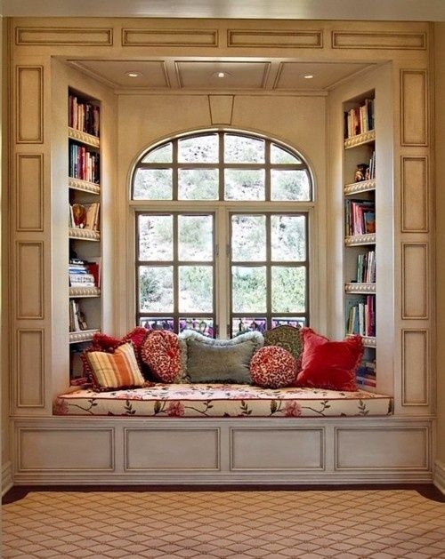 Window Seat Arched Top Window, Recessed Bookshelves, Antiqued Finish.