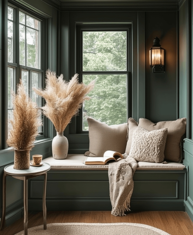 Window Seat Built-In with Dark Green Paneling and Lantern Sconce