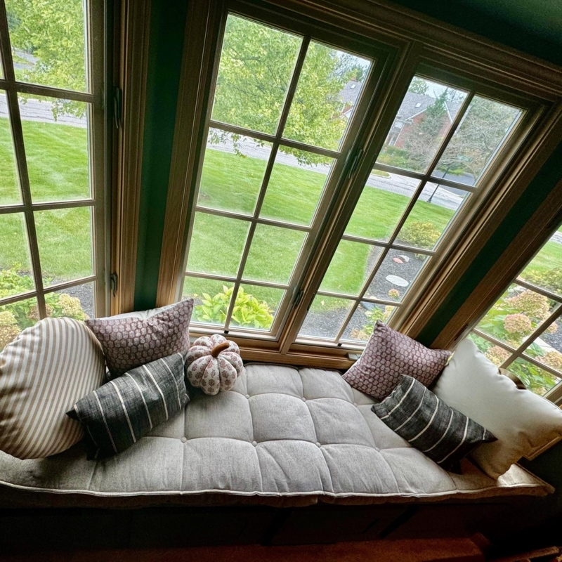 Window Seat Cushion Tufted Grey Linen Reading Nook, Custom Bay Fit.