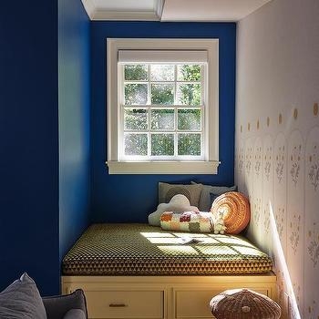 Window Seat Deep Blue Reading Alcove Design, Integrated Drawers.