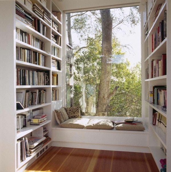 Window Seat Floor to Ceiling Shelving, Cozy Nature View Reading Nook.
