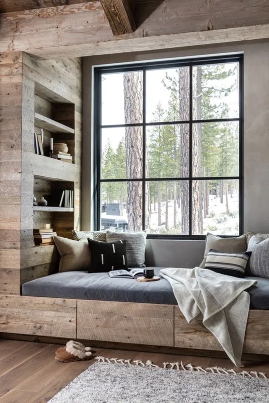Window Seat Nook Ideas, Rustic, Weathered Wood Paneling, Forest View.