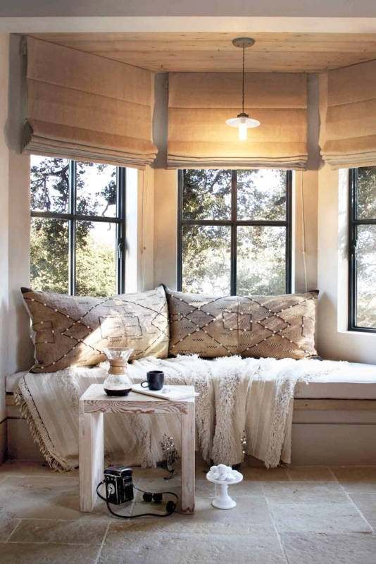Window Seat Rustic Reading Nook Design, Wood Ceiling, Layered Textiles.