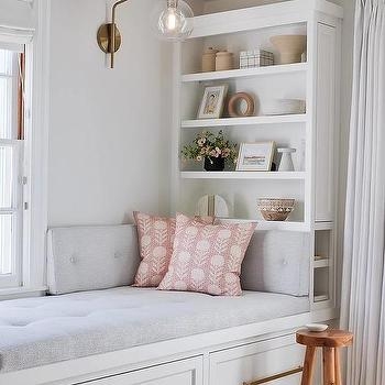 Window Seat Tufted Cushion, Integrated Bookcase, Underseat Storage.