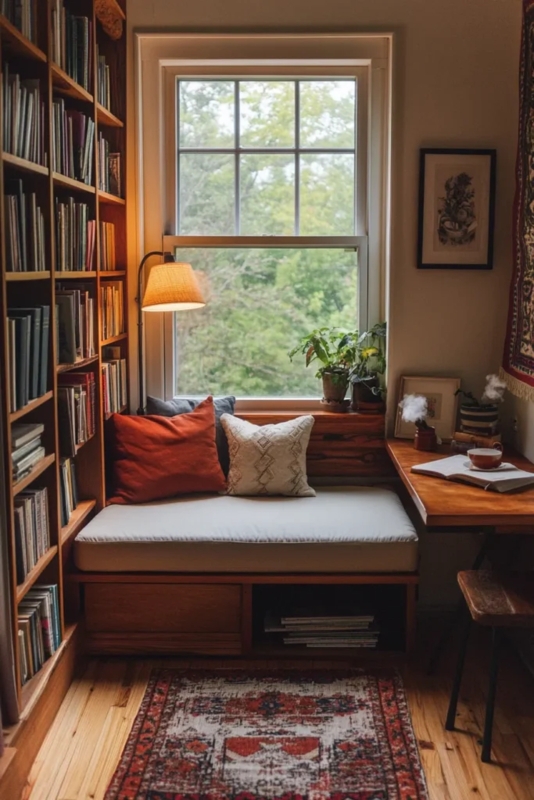 Window Seat with Integrated Desk and Floor-to-Ceiling Shelves