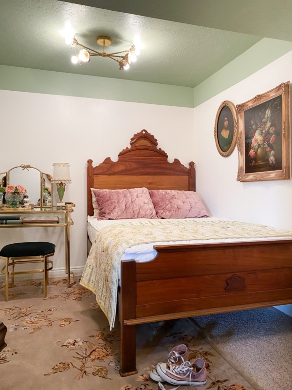 Wood Bed Frame Sage Green Ceiling Carved Headboard Gold Vanity