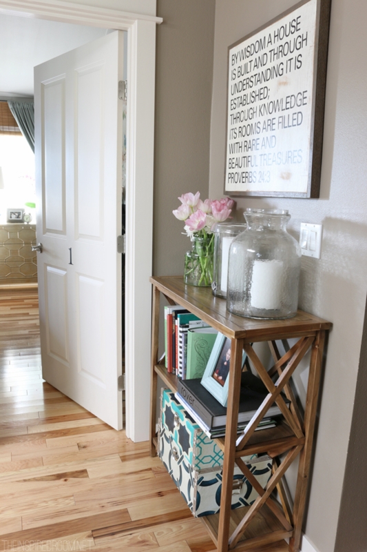 Wood Console Table with X-Frame Sides in Narrow Hallway