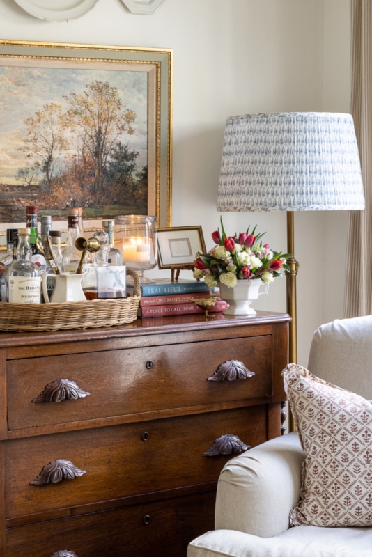 Wood Dresser Bar Styling with Leaf Shaped Pulls and Art Vignette