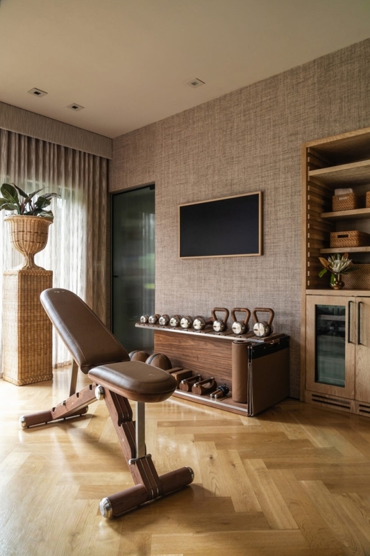Wood Framed Weight Bench In Organic Modern Luxury Home Gym