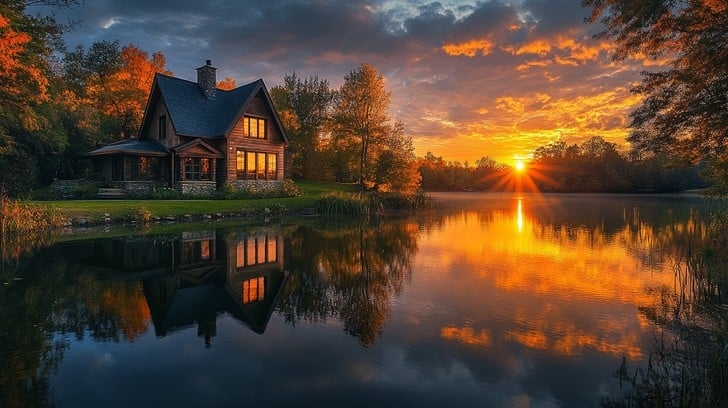 Wood-Sided Lakeside Cabin Exterior with Golden Hour Mirror Reflection