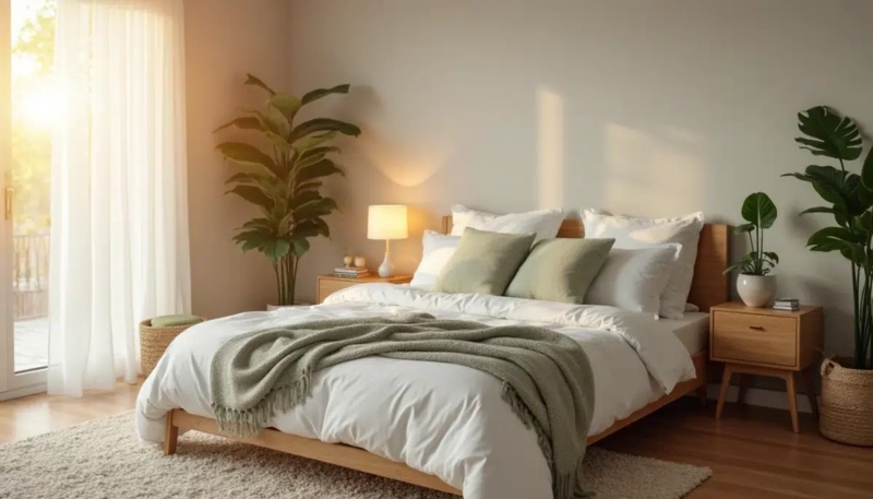 Wood Toned Platform Bed with Sage Green Accents Minimalist Design