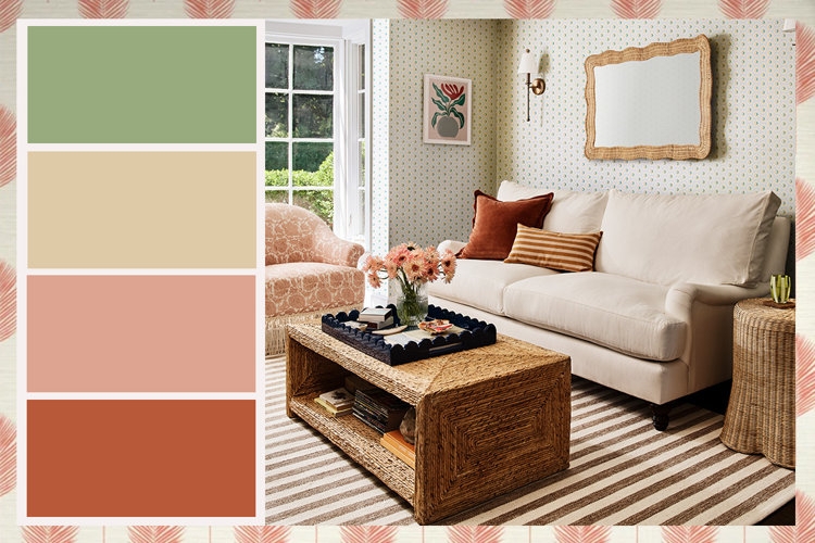 Woven Block Coffee Table & Scalloped Mirror in a Terracotta Living Room.