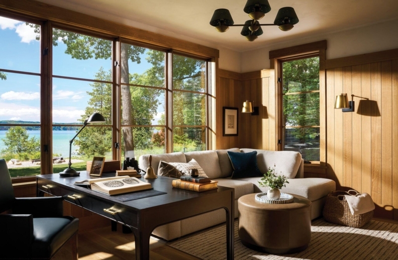 Writing Desk in Wood Paneled Lakeside Home Office with View