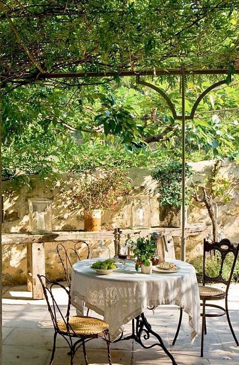 Wrought Iron Bistro Set Under Foliage Canopy