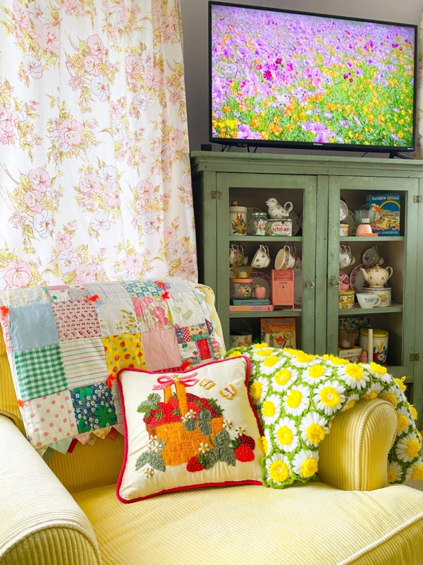 Yellow Corduroy Armchair with Daisy Crochet Throw in Cottagecore Room