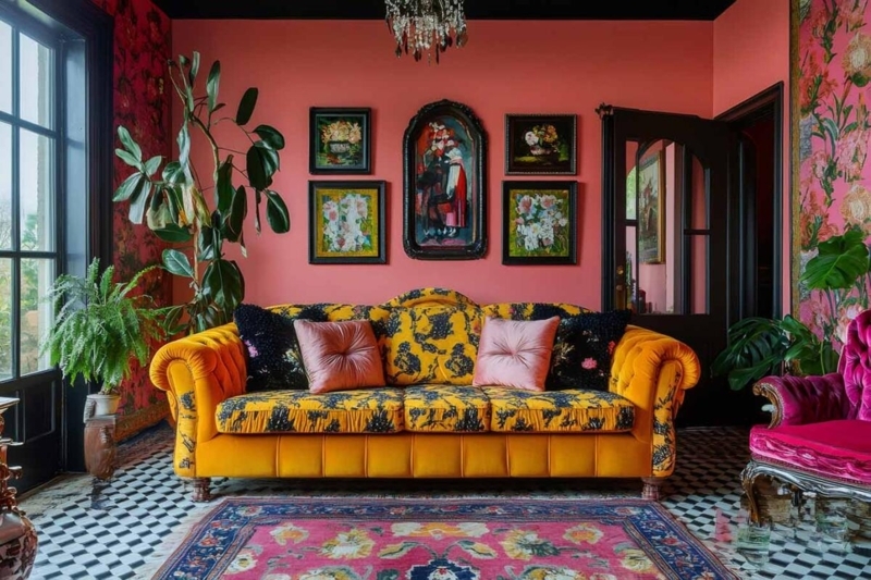 Yellow Floral Sofa with Coral Walls & Black and White Checkered Floor