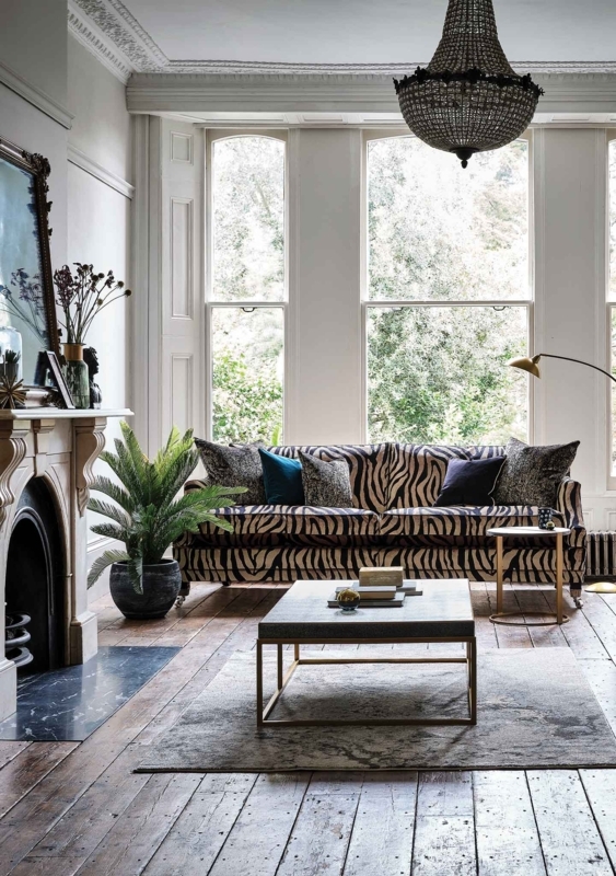 Zebra Print Sofa Maximalist Eclectic Ornate Fireplace Surround