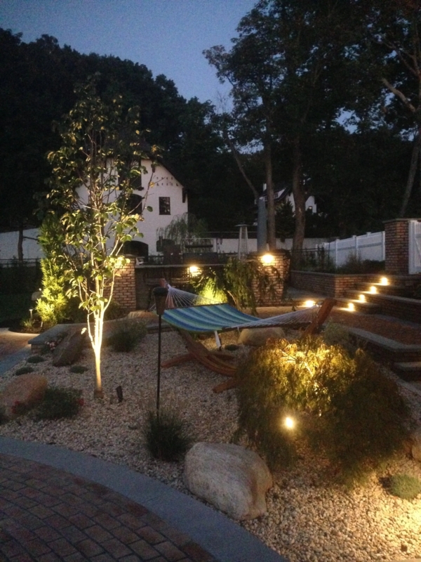 Zen Gravel Garden featuring Hammock, Integrated Step Lights, and Brick